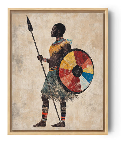 African warrior with a spear and a colorful shield, perfect for ethnic wall decor; natural tones and traditional patterns create a warm, authentic interior