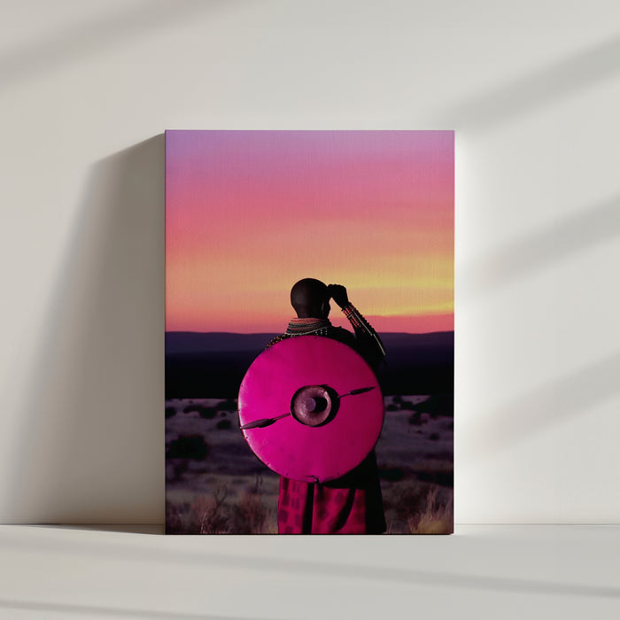 Bold, vivid color photo of an African tribal warrior with a shield at sunset on the savannah