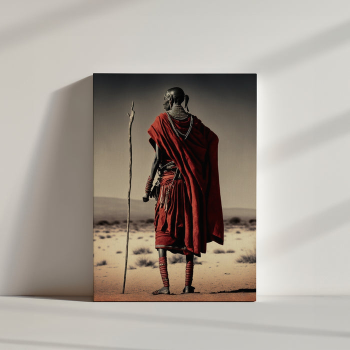 Portrait of an African silhouette from behind in a desert landscape, wearing red traditional attire, tribal jewelry, and holding a shepherd’s staff. Evokes ancestral cultures, symbolic power, and the elegance of African tribal art; bold visual style, ideal for modern African wall decor.