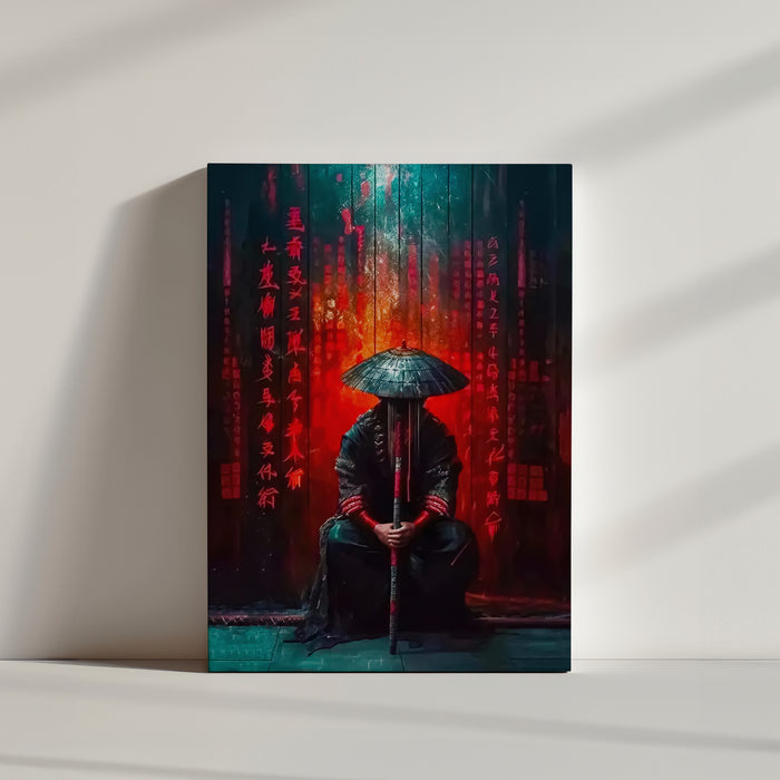 Seated warrior with conical hat holding a staff, dark wall with glowing red kanji