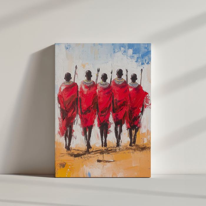 Cinq figures en robes rouges marchant sur une plaine, style impressionniste vibrant et ethnique