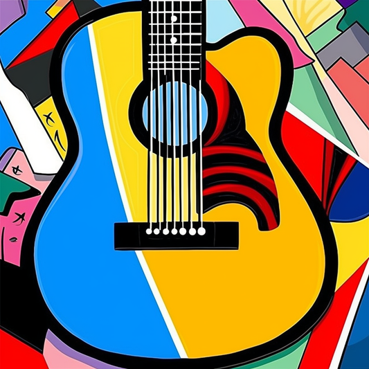 Illustration pop art musicale captivante, corps de guitare, couleurs primaire