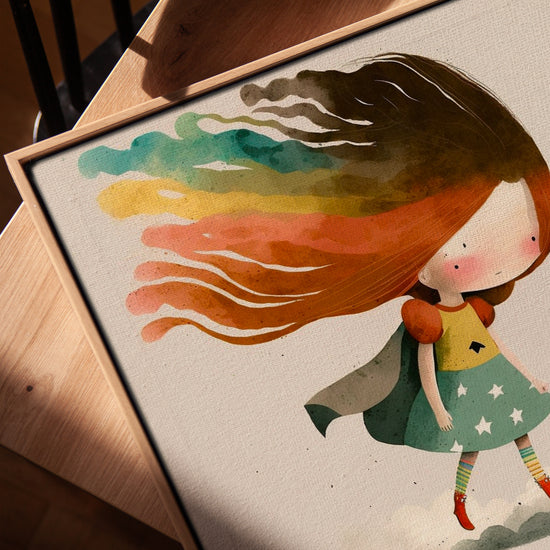 Super héroïne cheveux arc-en-ciel tableau pour chambre enfant minimaliste