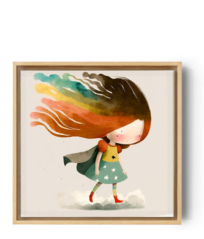 Tableau minimaliste, une jeune fille super-héro aux cheveux arc-en-ciel qui atterrit