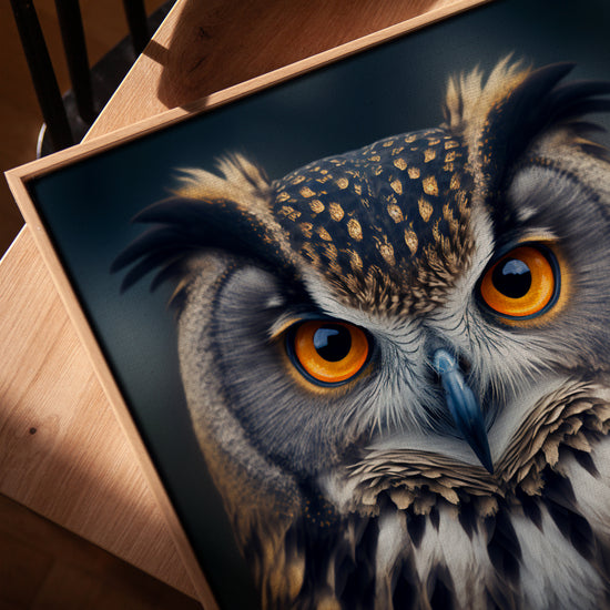 Tableau hibou yeux orange pour salon style chêne doré