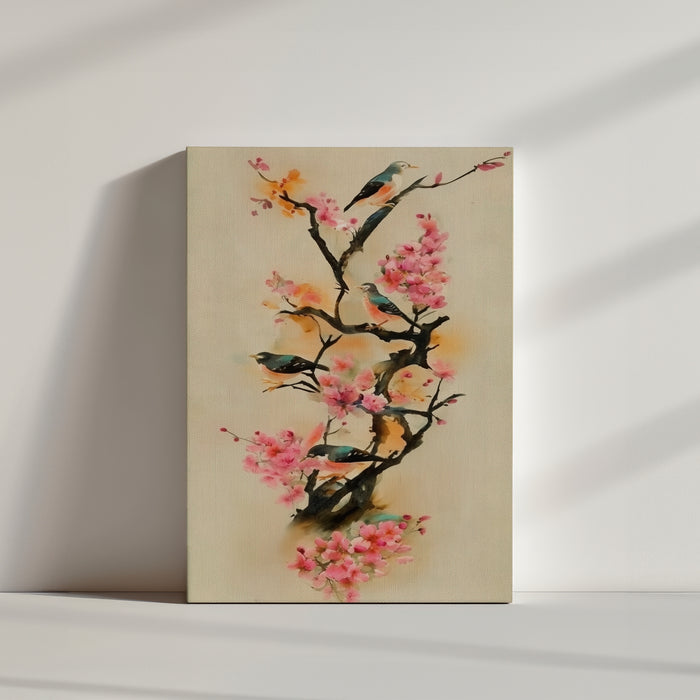 Chinese-style pastel painting of swallows on blooming cherry blossoms in spring