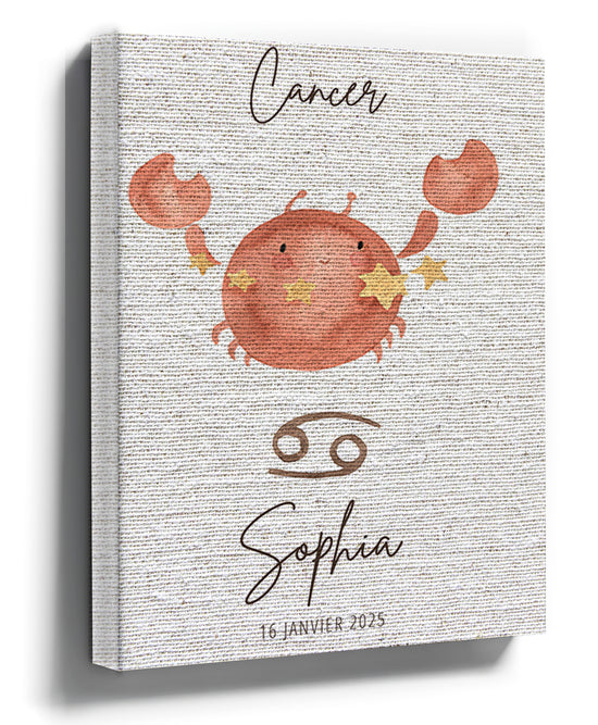 Watercolor Cancer Crab Zodiac Sign Canvas Wall Art for Minimalist Baby Nursery