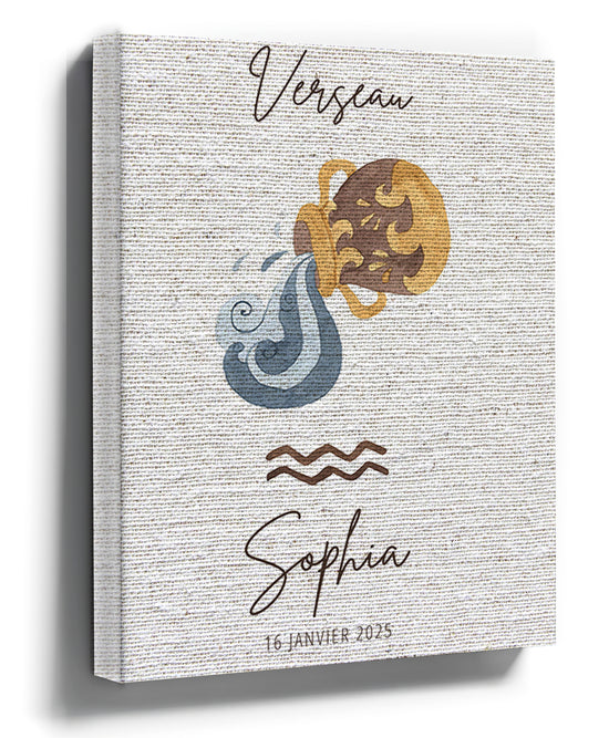 Aquarius zodiac symbol — water bearer amphora pouring water, blue and brown watercolor wall art