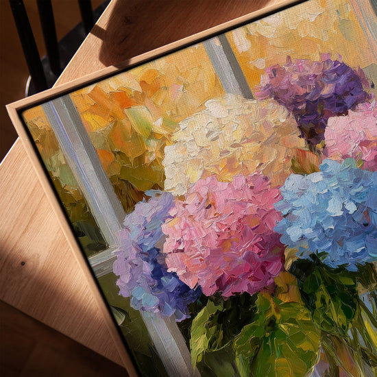 Tableau bouquet d’hortensias en vase pour salle à manger scandinave