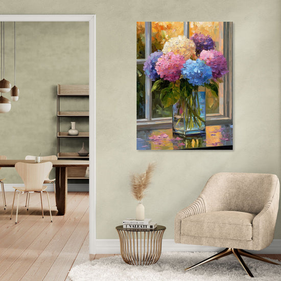 Painting of colorful hydrangeas in a glass vase, impressionist style, adding a warm touch to a modern living room