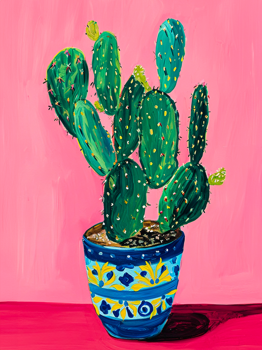 toile cactus en pot Botanique, fond rose, pot bleu et motifs jaune, style peinture.