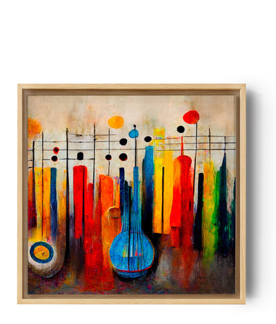 Tableau partition, un instrument à cordes bleu combiné avec une partition de musique. Une confusion qui est aussi présente entre les notes de musique et les couleurs. Un tableau multicolore, aux teintes chaudes et variés, invitant le spectateur à se laisser emporter par la chaleur de la musique