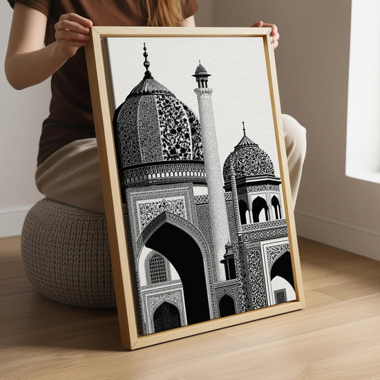 Tableau islamique architecture mosquée noir et blanc avec arabesques dans salon moderne cadre bois