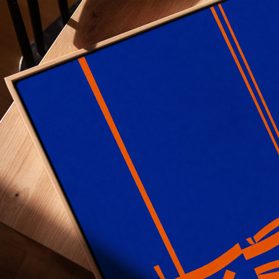 Tableau islamique calligraphie arabe orange bleu royal décoration salon moderne cadre chêne doré