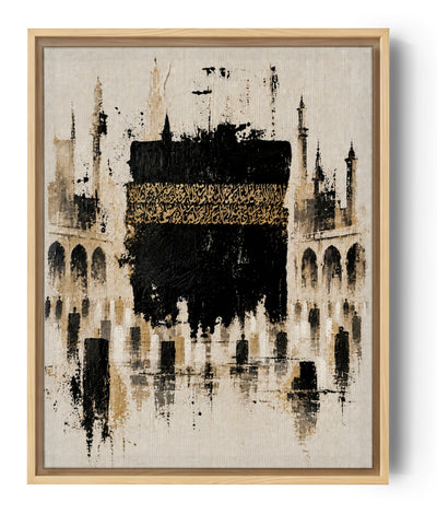 Tableau islamique Kaaba calligraphie dorée style abstrait noir beige art mural spirituel