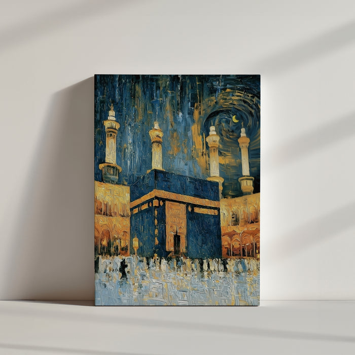 Tableau islamique Kaaba dorée style Van Gogh bleu or pour décoration murale spirituelle