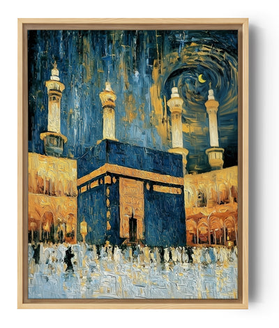 Tableau islamique Kaaba et minarets dorés sur toile style Van Gogh bleu or
