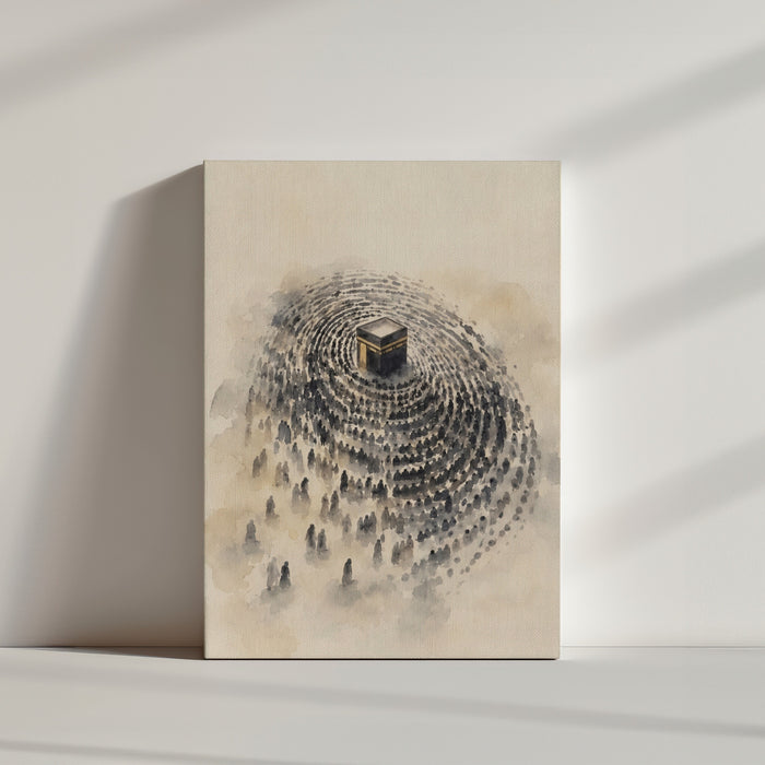 Tableau islamique Kaaba et pèlerins aquarelle beige noir ambiance minimaliste mur blanc