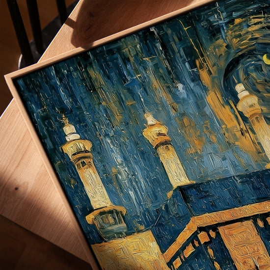 Tableau islamique Kaaba dorée style Van Gogh bleu or sur toile décoration salon moderne