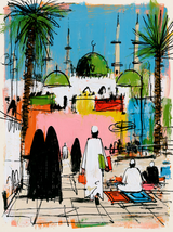 Tableau islamique moderne mosquée coupoles vertes palmiers silhouettes fidèles fond bleu coloré