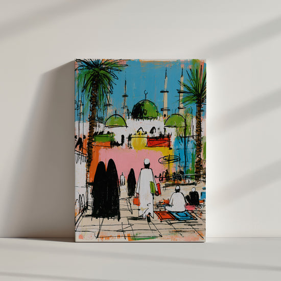 Tableau islamique mosquée coupoles vertes palmiers bleu coloré décoration murale moderne minimaliste