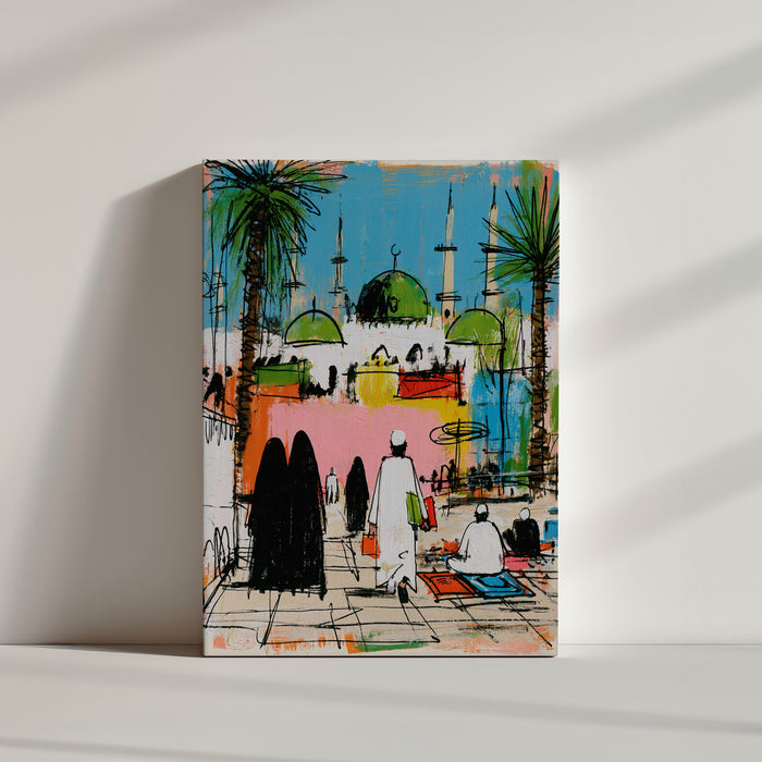 Tableau islamique mosquée coupoles vertes palmiers bleu coloré décoration murale moderne minimaliste