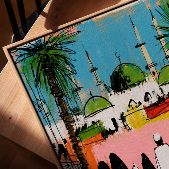 Tableau islamique mosquée coupoles vertes palmiers fond coloré déco salon moderne cadre chêne doré