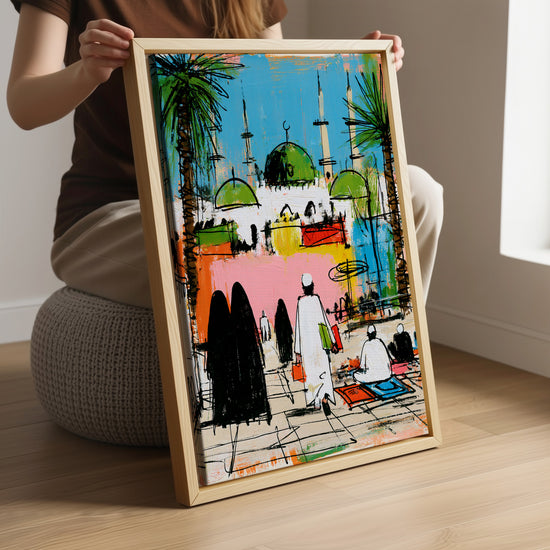 Tableau islamique mosquée coupoles vertes palmiers couleurs vives décoration murale salon moderne