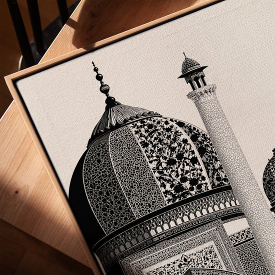 Tableau islamique noir et blanc architecture mosquée arabesques pour décoration salon cadre chêne doré