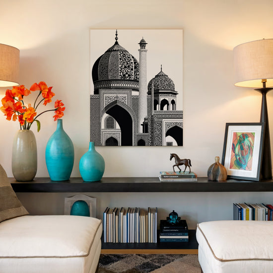 Tableau islamique noir et blanc architecture mosquée arabesques pour décoration salon minimaliste