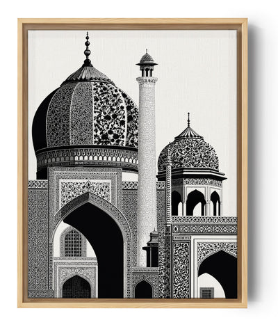 Monochrome Islamic wall art, mosque architecture with arabesques and geometric motifs