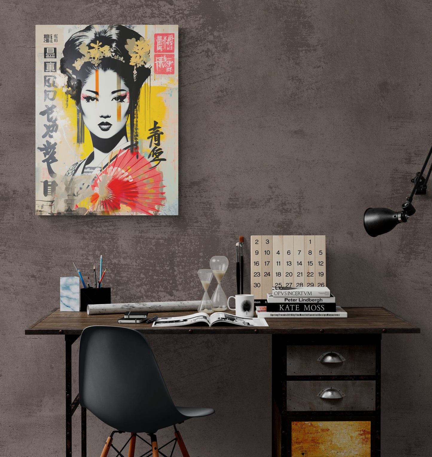 Un tableau vibrant de geisha en street art trône au-dessus d'un bureau épuré, ajoutant une touche de couleur et de culture japonaise à un espace de travail moderne