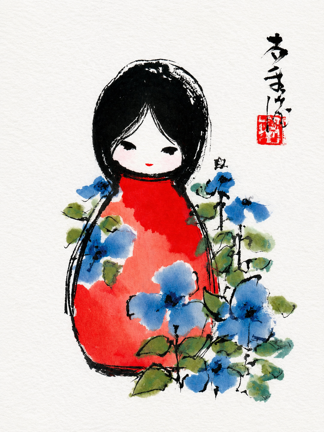 Tableau japonais Fillette en kimono rouge - Sérénité et fleurs bleues