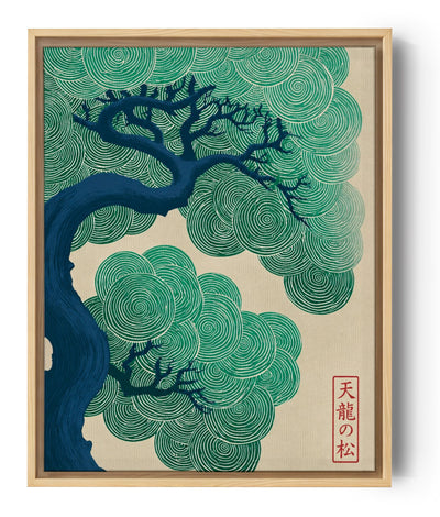 Japanese stylized tree print with green spiral leaves on neutral beige, navy blue trunk, minimalist zen decor