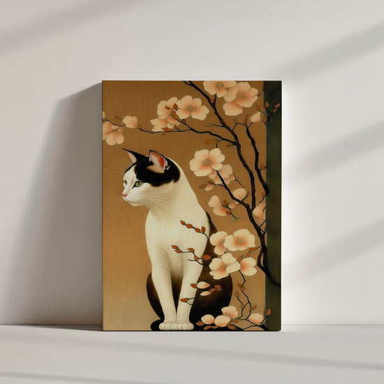 Tableau traditionnelle japonais le chat, Sakura, camaïeu de couleurs chaudes