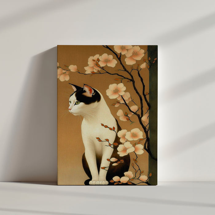 Tableau traditionnelle japonais le chat, Sakura, camaïeu de couleurs chaudes