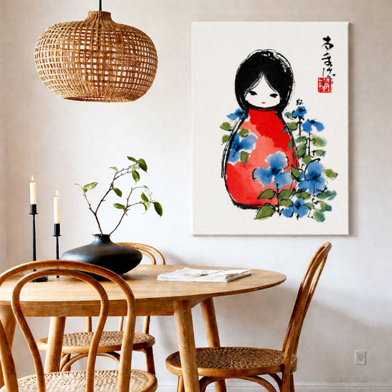 Tableau japonais fillette kimono rouge fleurs bleues aquarelle décoration murale salon zen
