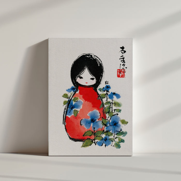 Tableau japonais aquarelle fillette kimono rouge fleurs bleues ambiance zen minimaliste mur blanc