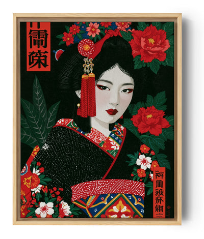 Tableau japonais geisha en kimono noir et rouge entourée de pivoines et fleurs sur fond vert