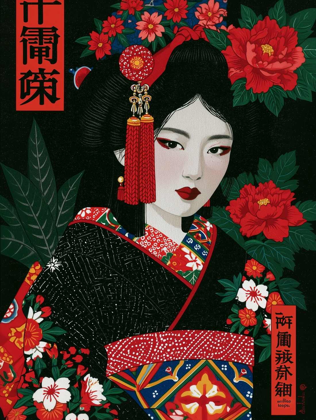 Tableau japonais Geisha - Élégance ancestrale et pivoines rouges