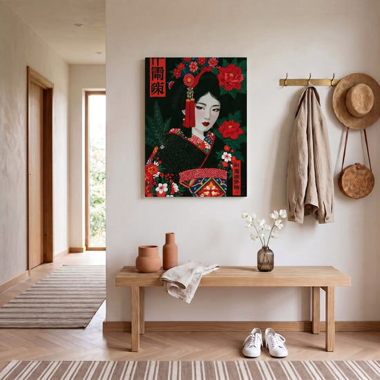 Tableau japonais geisha kimono noir rouge pivoines décoration murale salon asiatique
