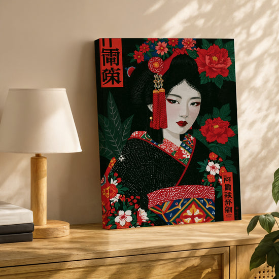 Tableau japonais geisha kimono noir rouge pivoines décoration salon buffet chêne