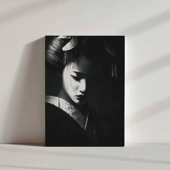 Tableau japonais geisha noir et blanc minimaliste présentation toile décorative intérieure