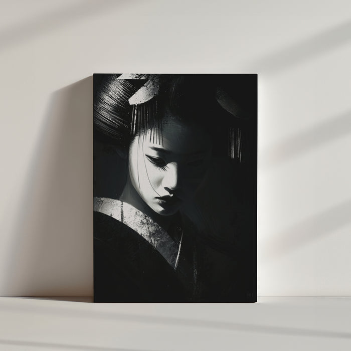 Tableau japonais geisha noir et blanc minimaliste présentation toile décorative intérieure