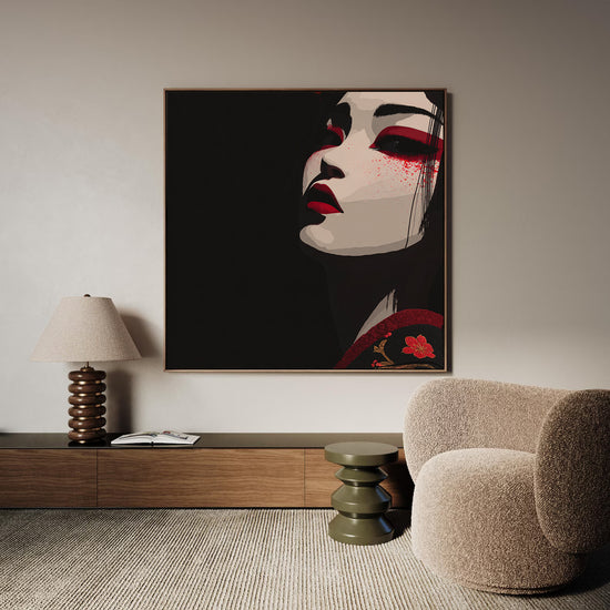 Tableau japonais geisha stylisée noir rouge et blanc décoration murale salon moderne graphique