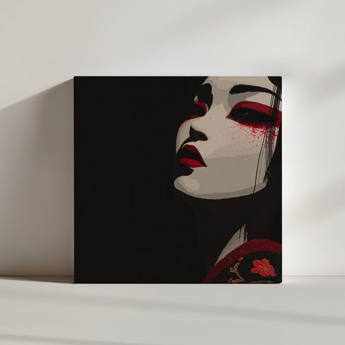 Tableau japonais geisha stylisée noir rouge street art moderne, toile présentée au sol