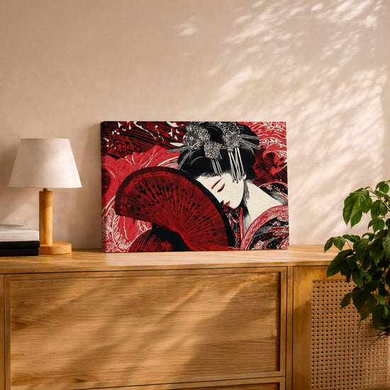 Tableau japonais geisha pop art rouge et noir décoration salon moderne buffet chêne