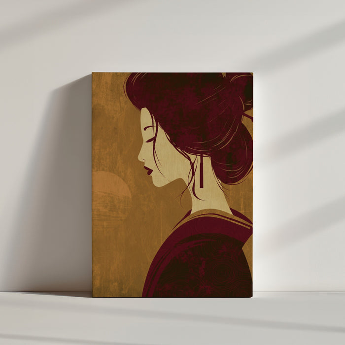 Tableau japonais geisha profil chignon tons bordeaux et or ambiance minimaliste épurée
