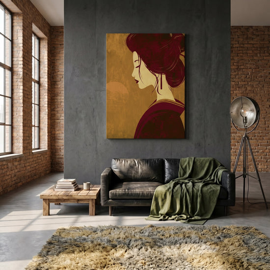 Tableau japonais geisha profil chignon bordeaux et or décoration murale salon élégant