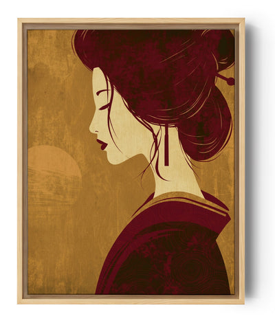 Tableau japonais geisha profil chignon traditionnel tons bordeaux et or style vintage